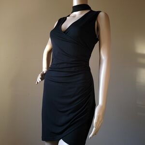 Just Quella Black Ruched Bodycon Mini Dress Choker Neck Cut Out Size M